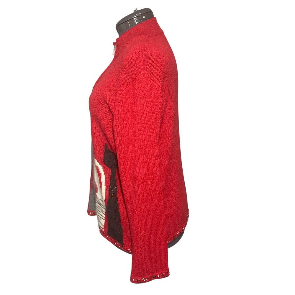 Coldwater Creek Cat Embellished Zip Front Sweater Red Womens 1X Beaded Trim - Picture 2 of 6